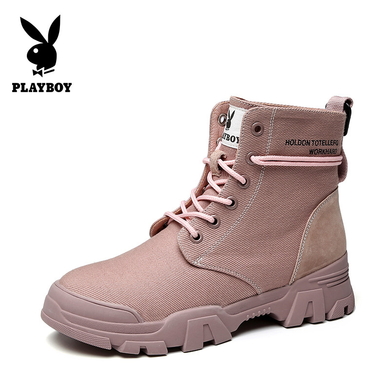 PlAYBOY/花花公子冬季新款加绒英伦风沙漠网红系带时尚短靴工装靴女K10299183 粉色 36码
