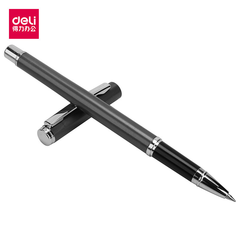 得力 s82黑色碳素签字笔学生用商务办公金属中性笔0.5mm中性笔 黑色