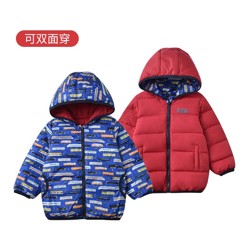 铅笔俱乐部童装2019冬季新款男童羽绒连帽外套小童保暖双面羽绒服_1 90 深大红