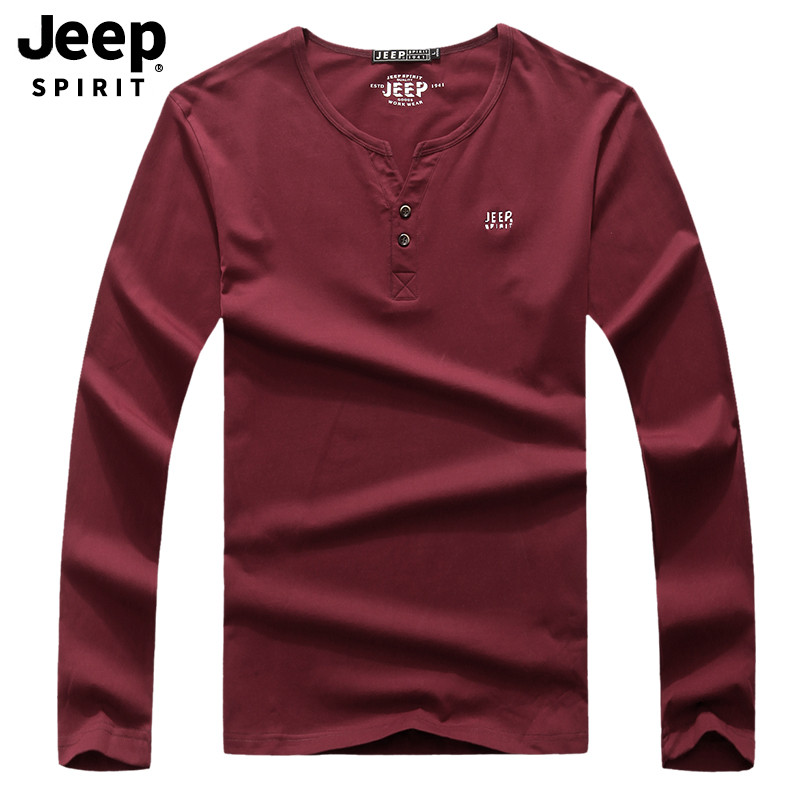 JEEP/吉普秋季长袖T恤套头休闲男装纯色青年男休闲百搭时尚长袖T恤打底衫A245 XXL 枣红色