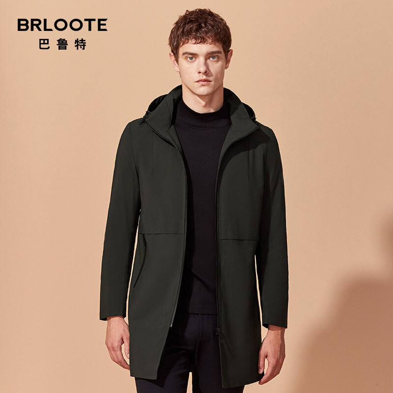 Brloote/巴鲁特棉衣男中长款立领连帽棉服2019冬季休闲外套 165/88A 军绿