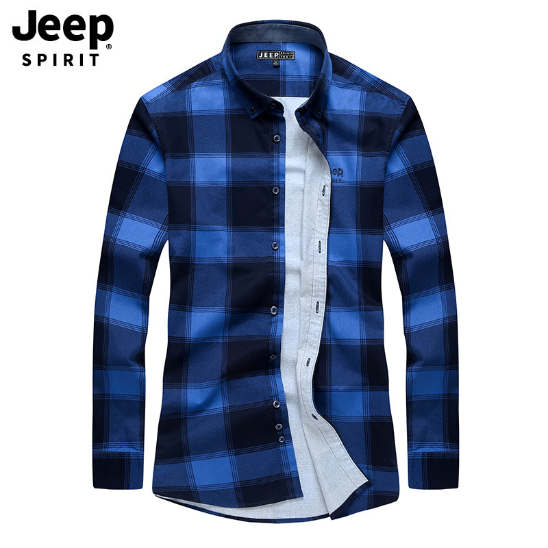 JEEP/吉普2019秋装新品简约格子立领衬衫男时尚休闲男士衬衣小外套男装A245 L 蓝色