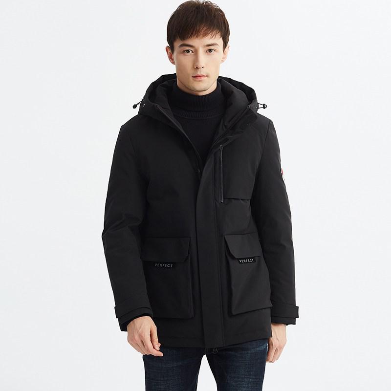 雪中飞正品工装连帽中长款加厚修身羽绒服男大口袋外套潮反季清仓_1 195/108A 黑色