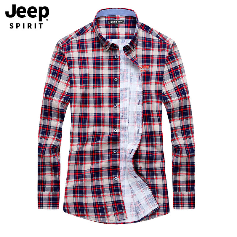 JEEP/吉普男士秋季新款商务休闲时尚立领百搭个性简约立领格子长袖衬衫A245 XXL 红色