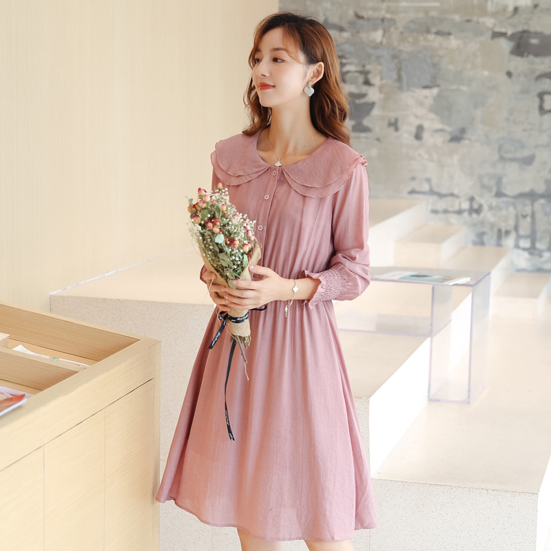 芊艺甜美长袖连衣裙女秋装2019新款韩版收腰显瘦桔梗裙娃娃领裙子10761 S 粉色