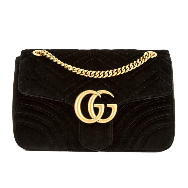 GUCCI/古驰 GG Marmont系列天鹅绒丝绒女士绗缝中号单肩包 443496 黑色