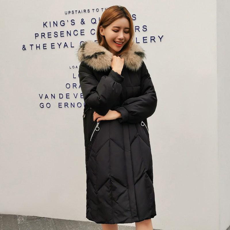 雪中飞女装2019秋冬新品轻熟风连帽大毛领直筒宽松加厚防寒时尚中长款羽绒服女 黑色 185/104A(3XL)