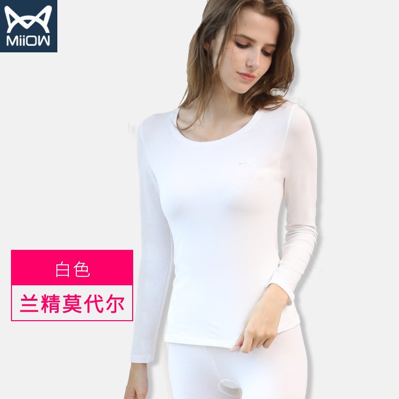 猫人保暖内衣男士套装莫代尔薄款棉毛衫女紧身本命年红秋衣裤秋冬 L 女圆领-白色