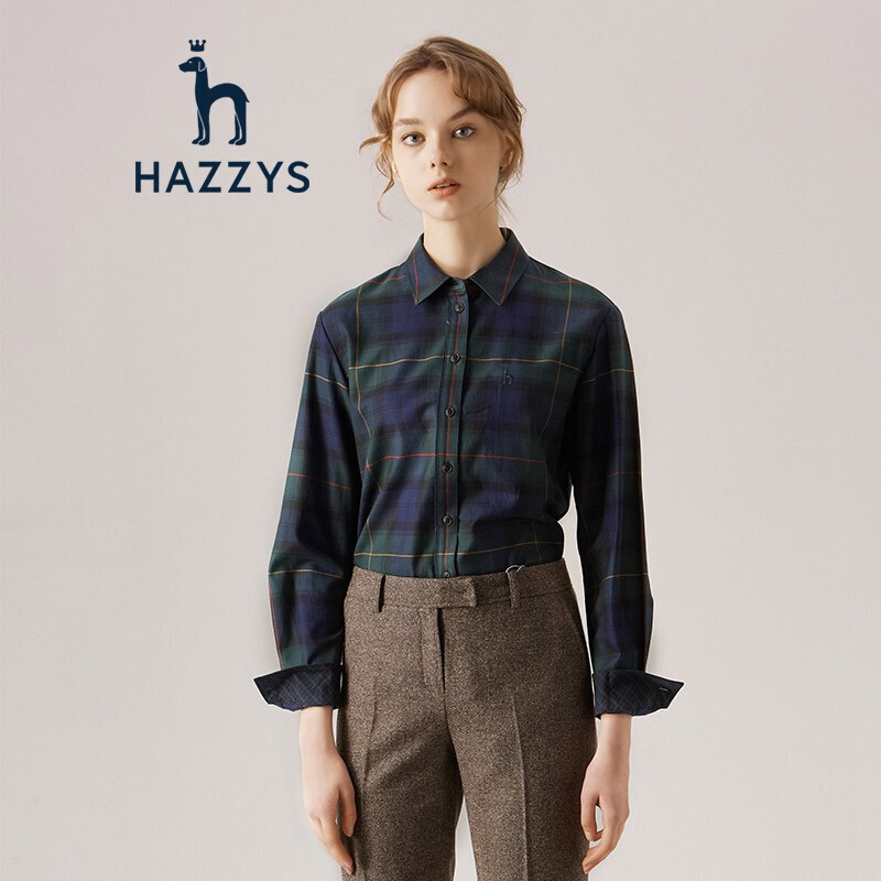 哈吉斯HAZZYS2019年秋季英伦复古拼接撞色条纹女士长袖衬衫 160/84A38 深绿色DG
