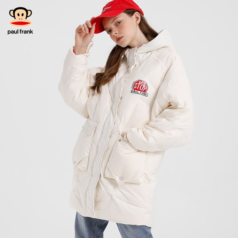 PaulFrank/大嘴猴2019秋冬羽绒服女中长款韩版宽松连帽大衣X XL 白色