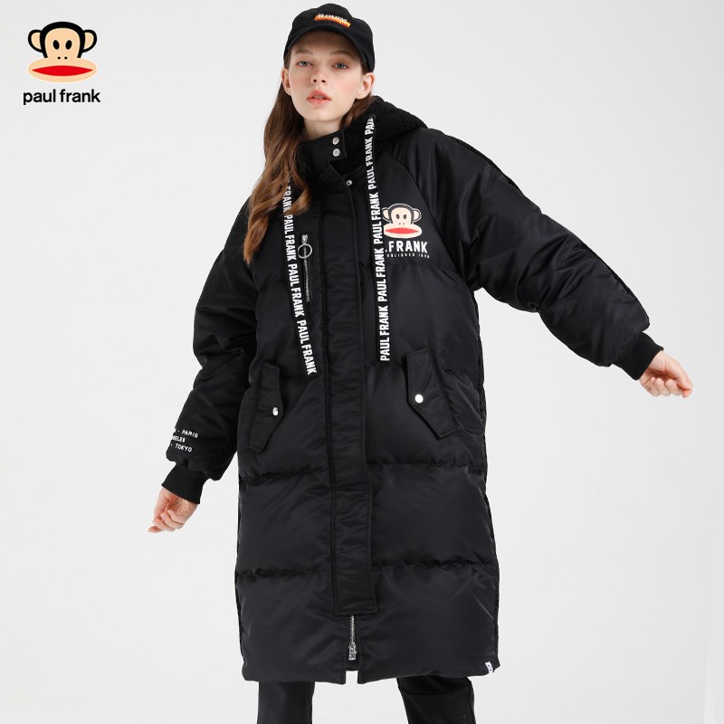PaulFrank/大嘴猴秋冬2019羽绒服女中长款韩版连帽LOGO印花X L 黑色