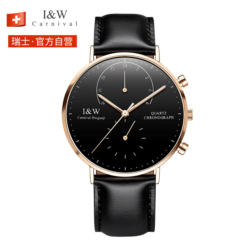 IW CARNIVAL爱沃驰手表瑞士石英表 男士手表时尚潮流多功能表 黑皮玫金黑面
