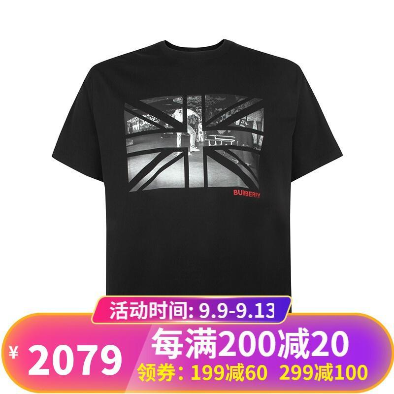 BURBERRY 博柏利 男士英国国旗照片印花棉质宽松短袖T恤 8016693 黑色 L