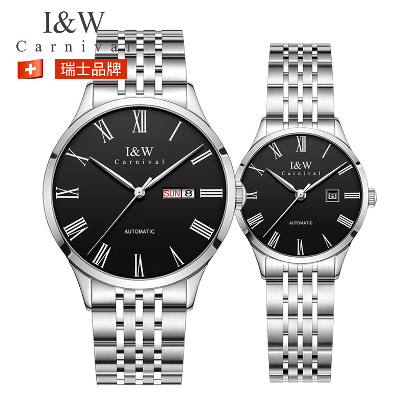 瑞士I&W 手表男女情侣机械表IW全自动休闲商务时尚百搭防水 黑面对表