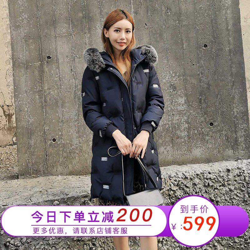 雪中飞2019新款女装秋冬个性印花连帽大毛领休闲加厚白鸭绒中长款羽绒服女_1 170/92A(L) 蓝色