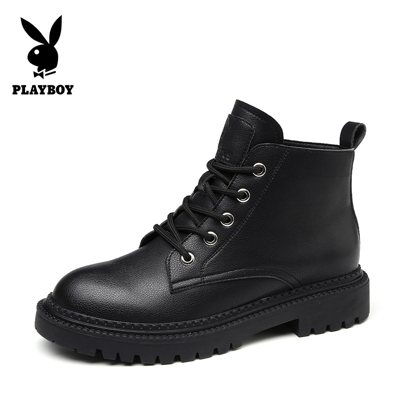 PLAYBOY/花花公子冬季加绒休闲韩版纯色系带圆头粗跟网红马丁机车靴女K10899228 黑色 37码