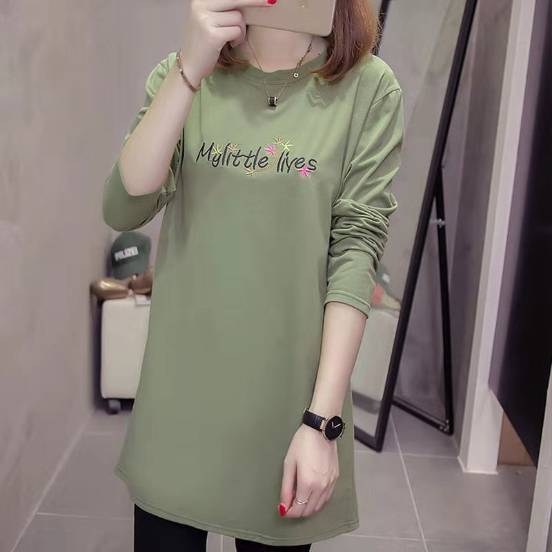 迪鲁奥（DILUAO)孕妇长袖T恤春秋季打底衫孕妇装宽松大码遮肚显瘦中长款长袖上衣韩版时尚圆领休闲绣花怀孕期秋装外穿长衫 绿色 4XL（建议130-140