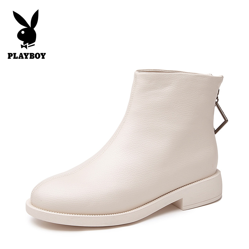 PLAYBOY/花花公子冬季加绒休闲简约圆头后拉链设计粗跟时尚网红马丁机车短靴女G13199257 米色 37码