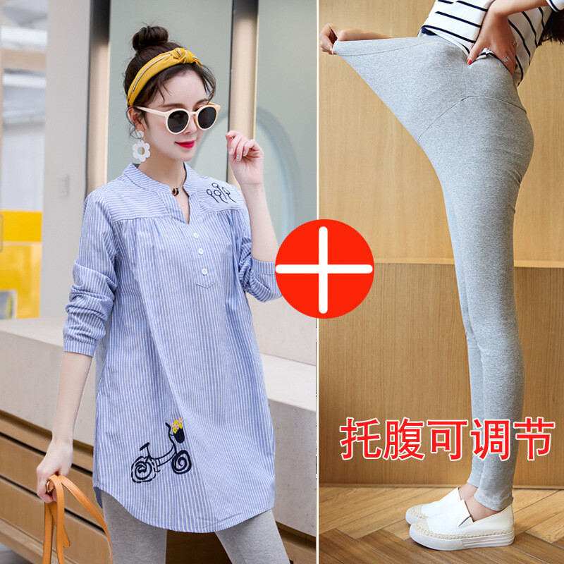 迪鲁奥（DILUAO)儿童乐园孕妇衬衫秋装中长款时尚款套装秋季上衣宽松职业短袖装衬衣潮 蓝上衣+浅灰裤(长袖长裤) XL