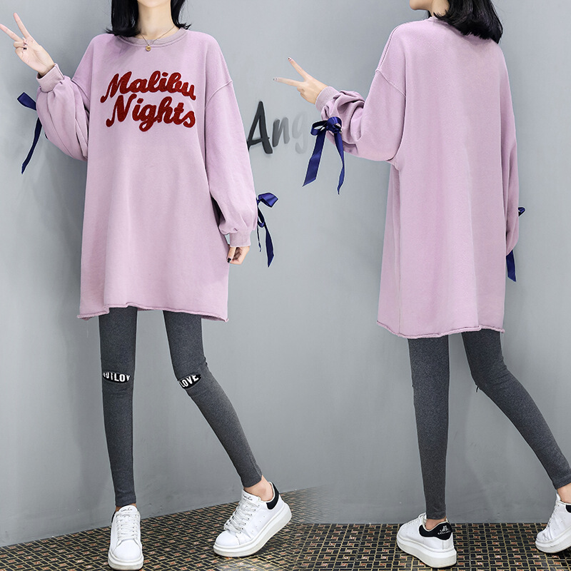 迪鲁奥（DILUAO)儿童乐园孕妇秋装套装时尚款2019新款两件套秋季中长上衣宽松长袖T恤 8846紫色-单上衣 L