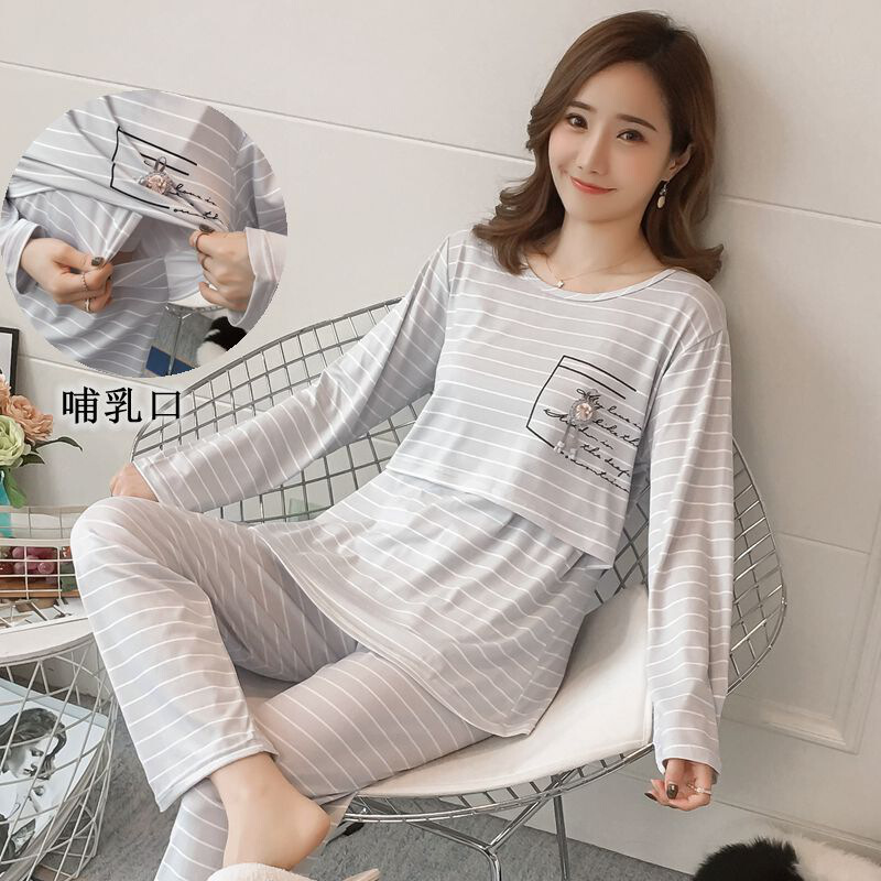 迪鲁奥（DILUAO)新款上市长袖孕妇睡衣秋冬天坐月子服薄款女士产后加大码宽松可喂奶春秋季 银色 XXL码(125-140斤)