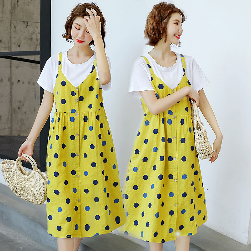 迪鲁奥（DILUAO)孕妇装夏装连衣裙套装中长款过膝宽松夏天裙子2019新款时尚加大码孕妇裙_888_79 黄色【单件裙】 XL【一般建议120-140斤】