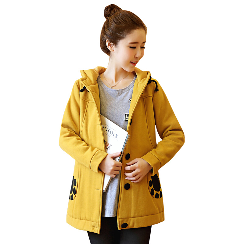 迪鲁奥（DILUAO)孕妇外套孕妇装春秋装韩版连帽加厚孕妇风衣中长款宽松秋冬季呢子孕妇上衣 黄色 XL