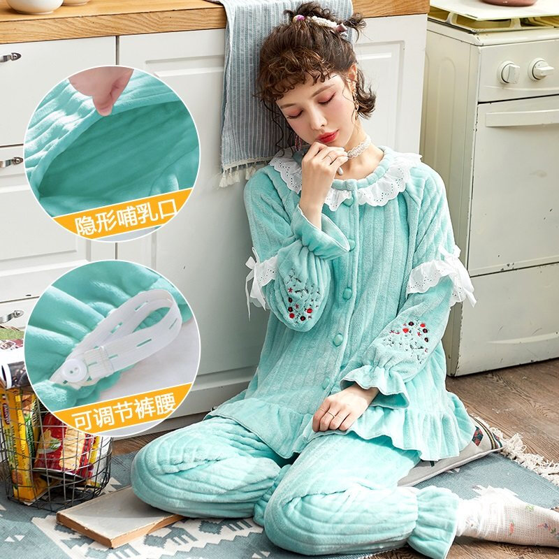 迪鲁奥（DILUAO)孕妇睡衣女秋冬季珊瑚绒怀孕期产后哺乳月子服法兰绒喂奶加绒加厚 RTS-612【绿色】 XXXL【建议165-180斤】
