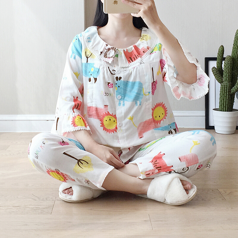 迪鲁奥（DILUAO)月子服春夏秋纯棉纱布七分袖产妇产后哺乳期喂奶睡衣孕妇宽松大码 乳白色七分袖动物 M