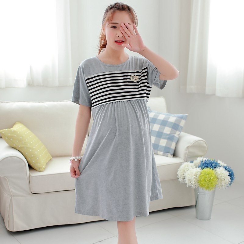 迪鲁奥（DILUAO)短袖孕妇裙夏季薄纯棉月子裙产后外出哺乳裙宽松喂奶裙大码连衣裙_127 灰条裙【可外穿】 L