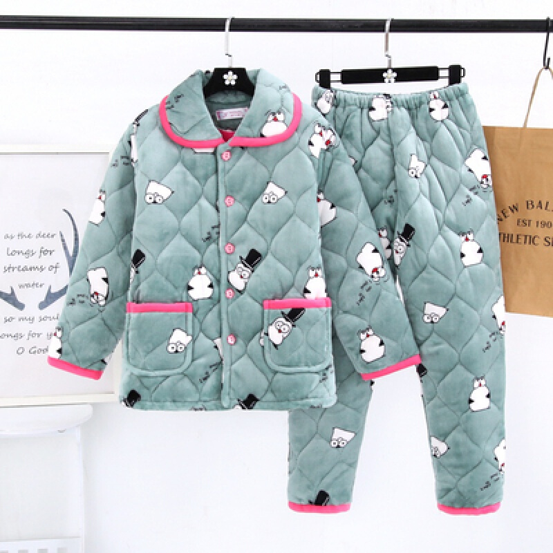 迪鲁奥（DILUAO)女冬季夹棉加厚睡衣纯棉月子服法兰绒夹棉三层保暖家居服套装睡袄_521 企鹅 XXL建议体重130-150