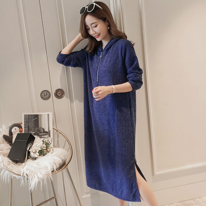 迪鲁奥（DILUAO)孕妇裙子春秋时尚宽松外出A字裙连帽中长款针织打底秋孕妇连衣裙_433 蓝色 XL