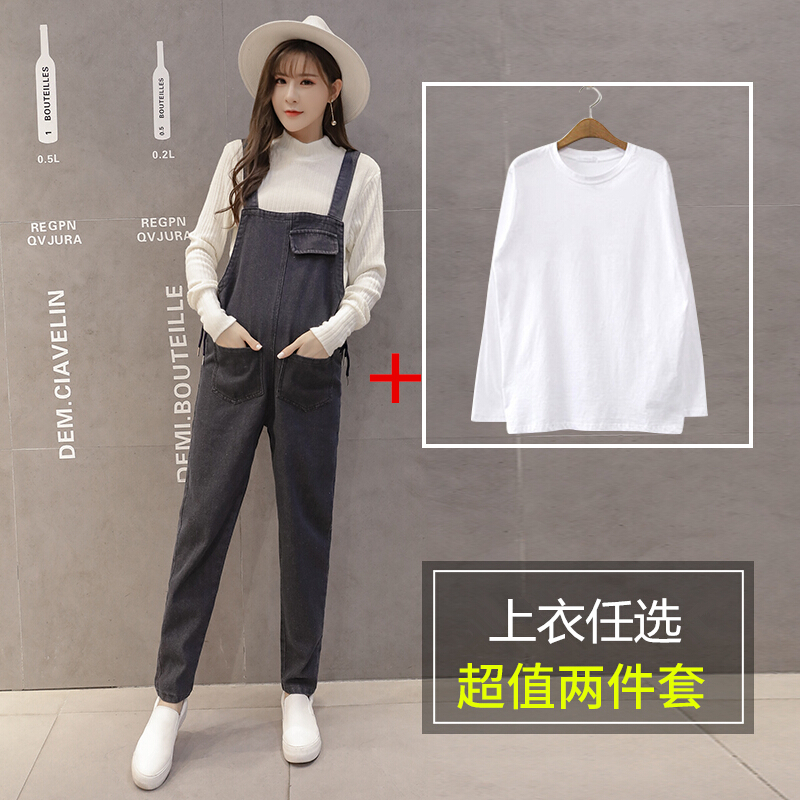迪鲁奥（DILUAO)孕妇连体裤春秋新款时尚洗水牛仔背带裤宽松春秋外穿孕妇两件套装 黑色单裤 XL