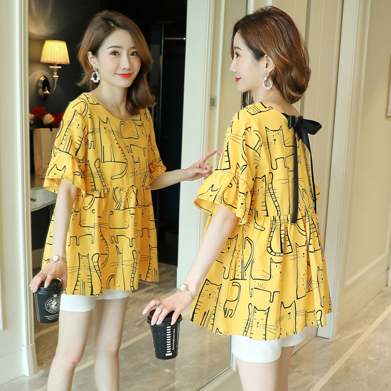 迪鲁奥（DILUAO)孕妇夏季时尚套装2019夏天薄款两件套孕妇喇叭袖娃娃衫+托腹短裤_848 蓝色上衣 L