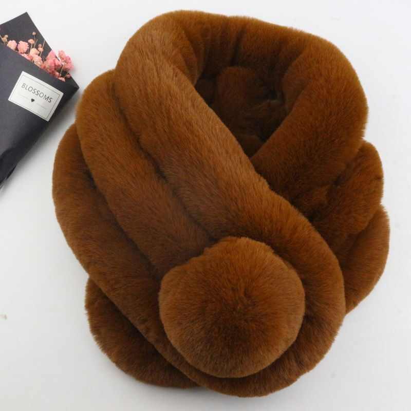 迪鲁奥（DILUAO)獭兔毛围巾女冬季韩版百搭加厚保暖儿童脖套懒濑兔毛球仿皮围脖 焦糖色 默认尺寸