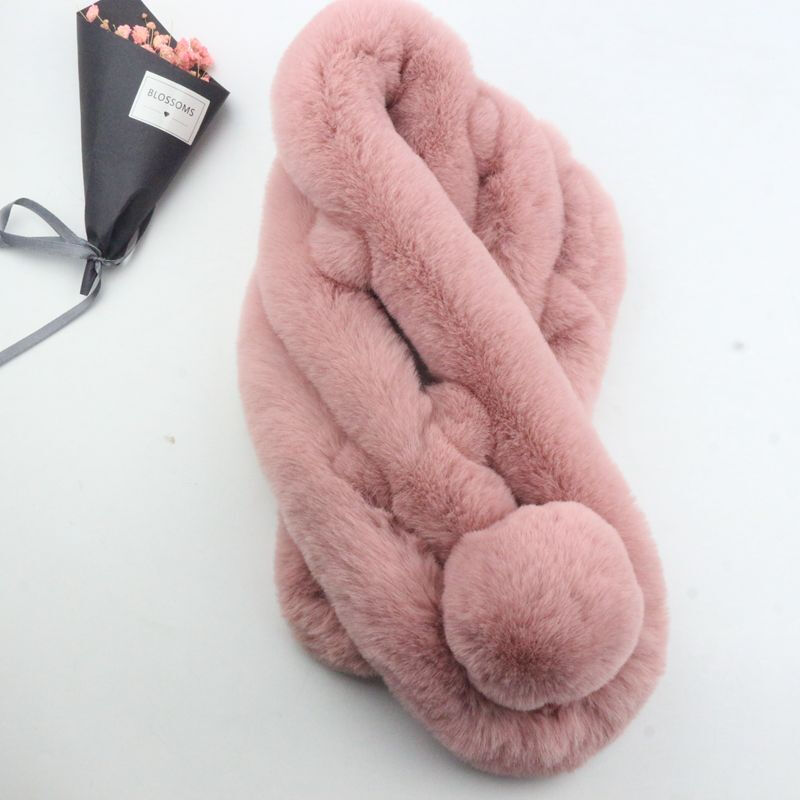 迪鲁奥（DILUAO)獭兔毛围巾女冬季韩版百搭加厚保暖儿童脖套懒濑兔毛球仿皮围脖 藕粉色 默认尺寸