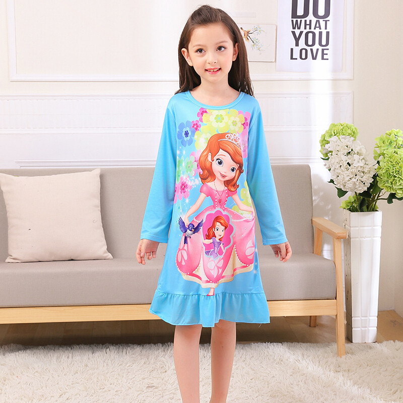 迪鲁奥（DILUAO)春季儿童长袖睡裙女童纯棉睡衣卡通白雪公主裙子冰雪奇缘秋季童装 蓝色一苏菲亚 10码100-110cm