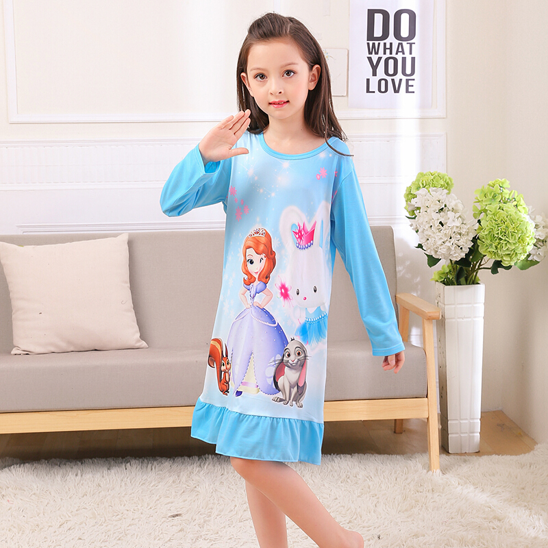 迪鲁奥（DILUAO)春季儿童长袖睡裙女童纯棉睡衣卡通白雪公主裙子冰雪奇缘秋季童装 蓝色一兔子苏菲亚 18码140-150cm