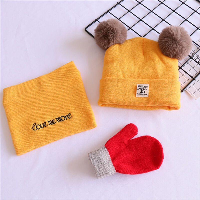 迪鲁奥（DILUAO)三件套儿童毛线帽子围巾秋冬男女童婴儿宝宝纯棉保暖套头针织帽潮 黄色15贴标+黄巾+红手套 4-10岁