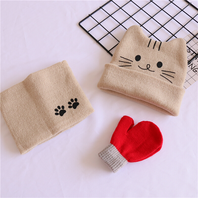 迪鲁奥（DILUAO)三件套儿童毛线帽子围巾秋冬男女童婴儿宝宝纯棉保暖套头针织帽潮 米色猫咪+米巾+红手套 1-3岁