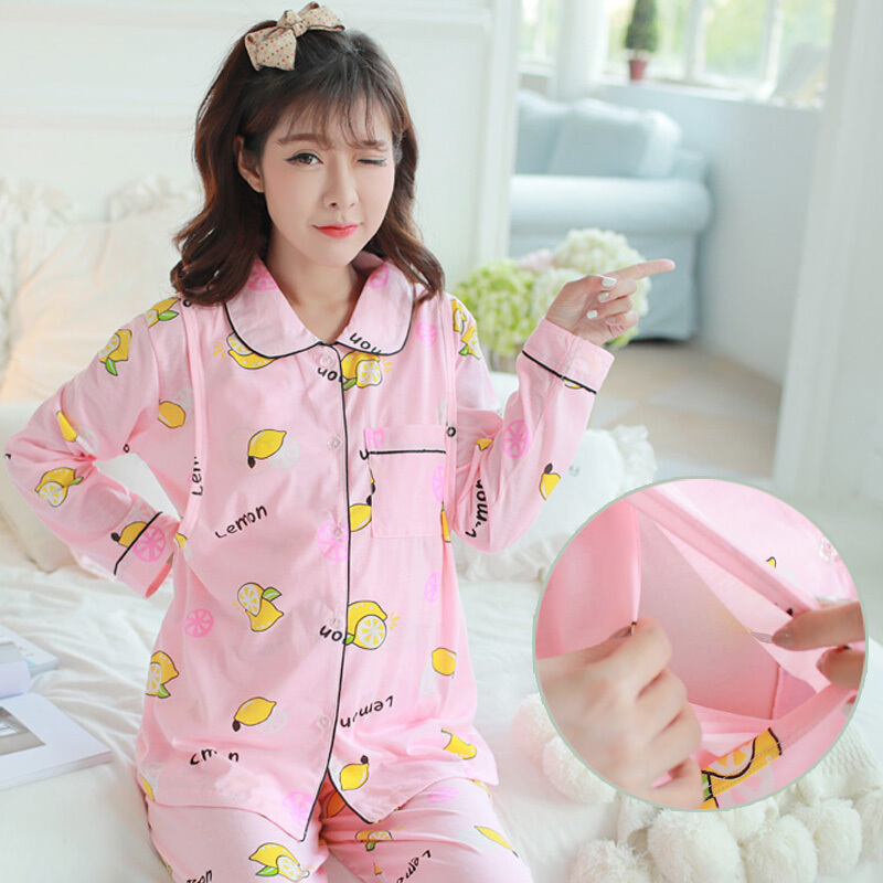 迪鲁奥（DILUAO)月子服春秋纯棉产妇产后哺乳期浦乳睡衣秋冬款孕妇怀孕期加厚保暖_132 柠檬 XL【体重125-145斤】