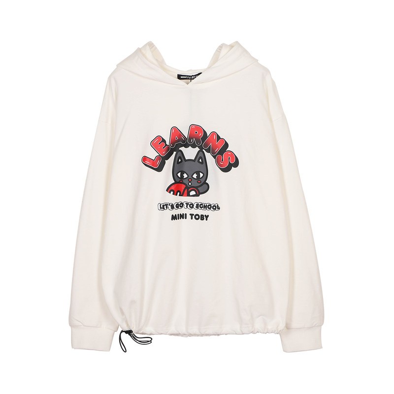 a02新款时尚卡通印花抽绳收腰潮宽松连帽卫衣女DTU5BA111KT 象牙色-322 M
