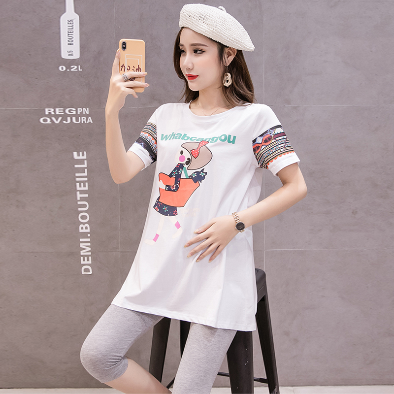 迪鲁奥（DILUAO)孕妇装 2019春夏新款纯棉休闲孕妇套装印花T恤七分托腹裤两件套时尚外出孕妇大码套装 白T恤+灰七分裤 XL