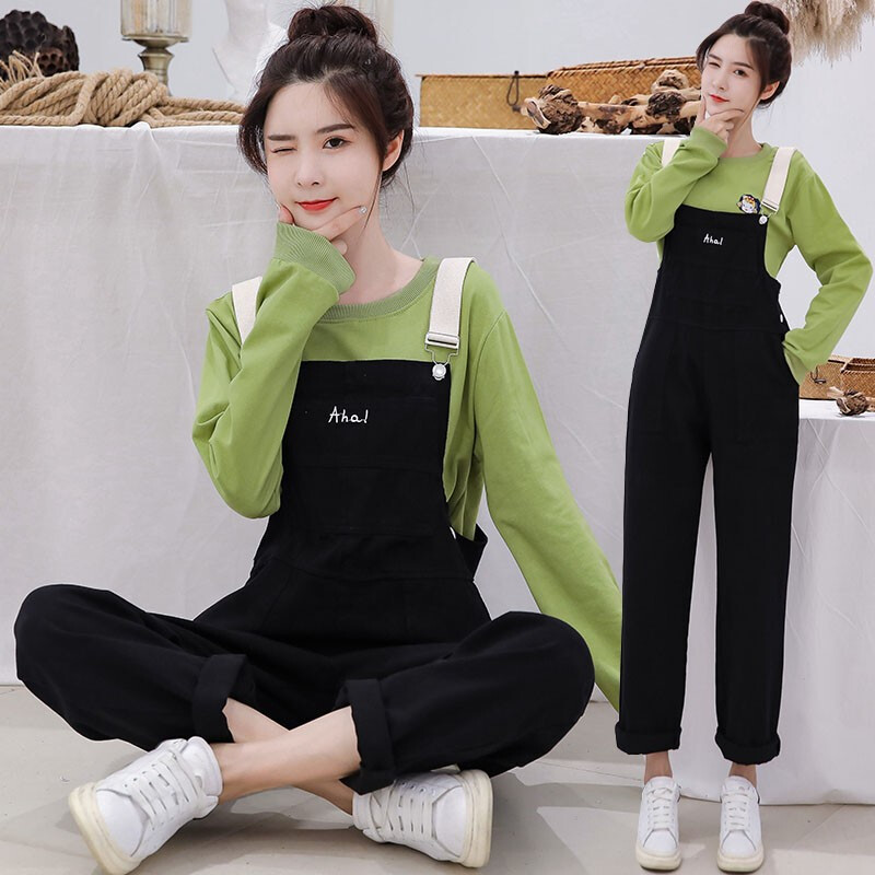 迪鲁奥（DILUAO)孕妇装2019秋冬新款牛仔工装背带裤韩版时尚套装加可爱娃娃头卫衣 黑色背带裤 M