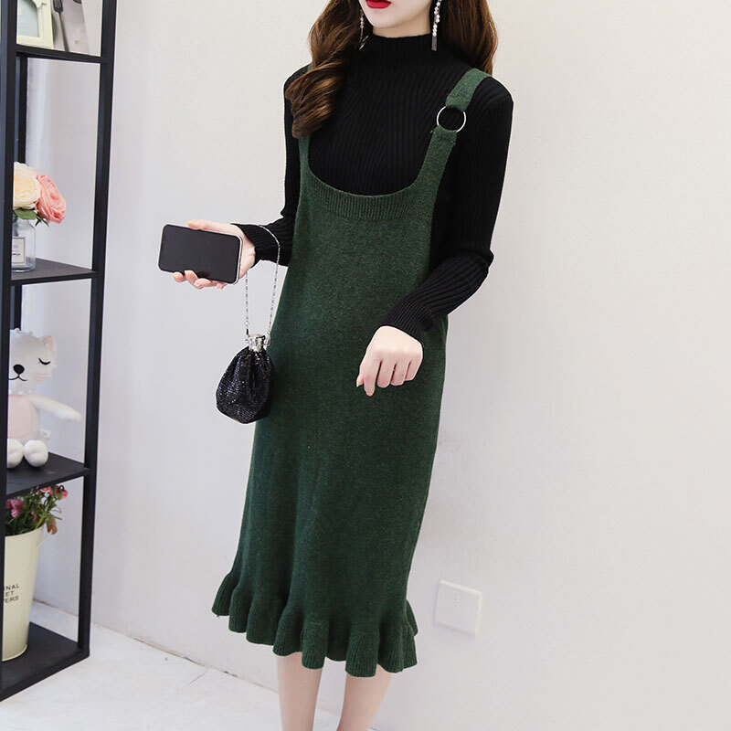 迪鲁奥（DILUAO)孕妇装秋装毛衣中长款宽松韩版两件套条纹针织外套洋气秋装孕妇时尚套装 黑色外搭吊带裙+白色内_546 军绿色外搭吊带裙+黑色内搭毛衣【两件套】 默认尺寸