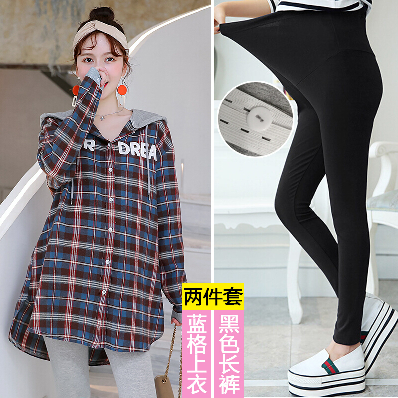 迪鲁奥（DILUAO)孕妇装秋装棉质长袖衬衣格子外穿秋装新款中长款连帽上衣外套怀孕期_315 蓝格上衣+黑色长裤 XL【适合约130-145斤】