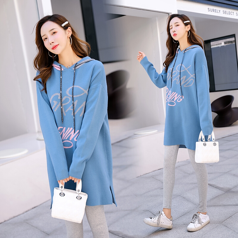 迪鲁奥（DILUAO)孕妇装秋冬装新款毛衣连帽女中长款新款春秋季长袖宽松针织衫套头上衣套装 蓝色毛衣 均码【适合_319 蓝色毛衣 默认尺寸