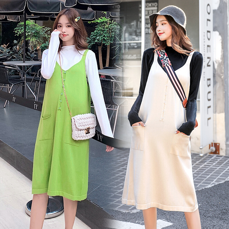 迪鲁奥（DILUAO)孕妇装毛衣针织衫孕妇秋季中长款洋气两件套长袖孕妇装秋款套装时尚潮妈 杏色 均码_490 绿色 默认尺寸