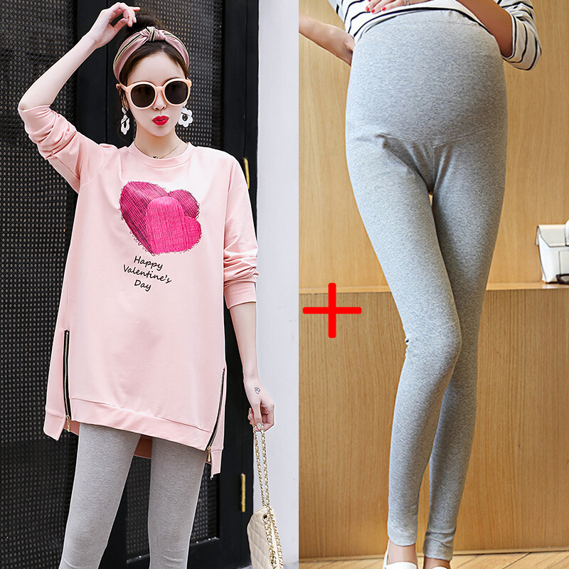 迪鲁奥（DILUAO)孕妇装秋装新款T恤长袖圆领上衣套装套头上衣印花红心_497 粉色上衣+灰色长裤【一套】 L【适合约120-140斤】