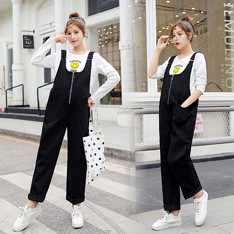 迪鲁奥（DILUAO)孕妇装秋装纯棉背带裤套装秋季休闲裤子时尚秋款潮妈新款外穿宽松_423 黑色裤子+模特同款打底衣【一套】 XXL【适合约145-160斤】